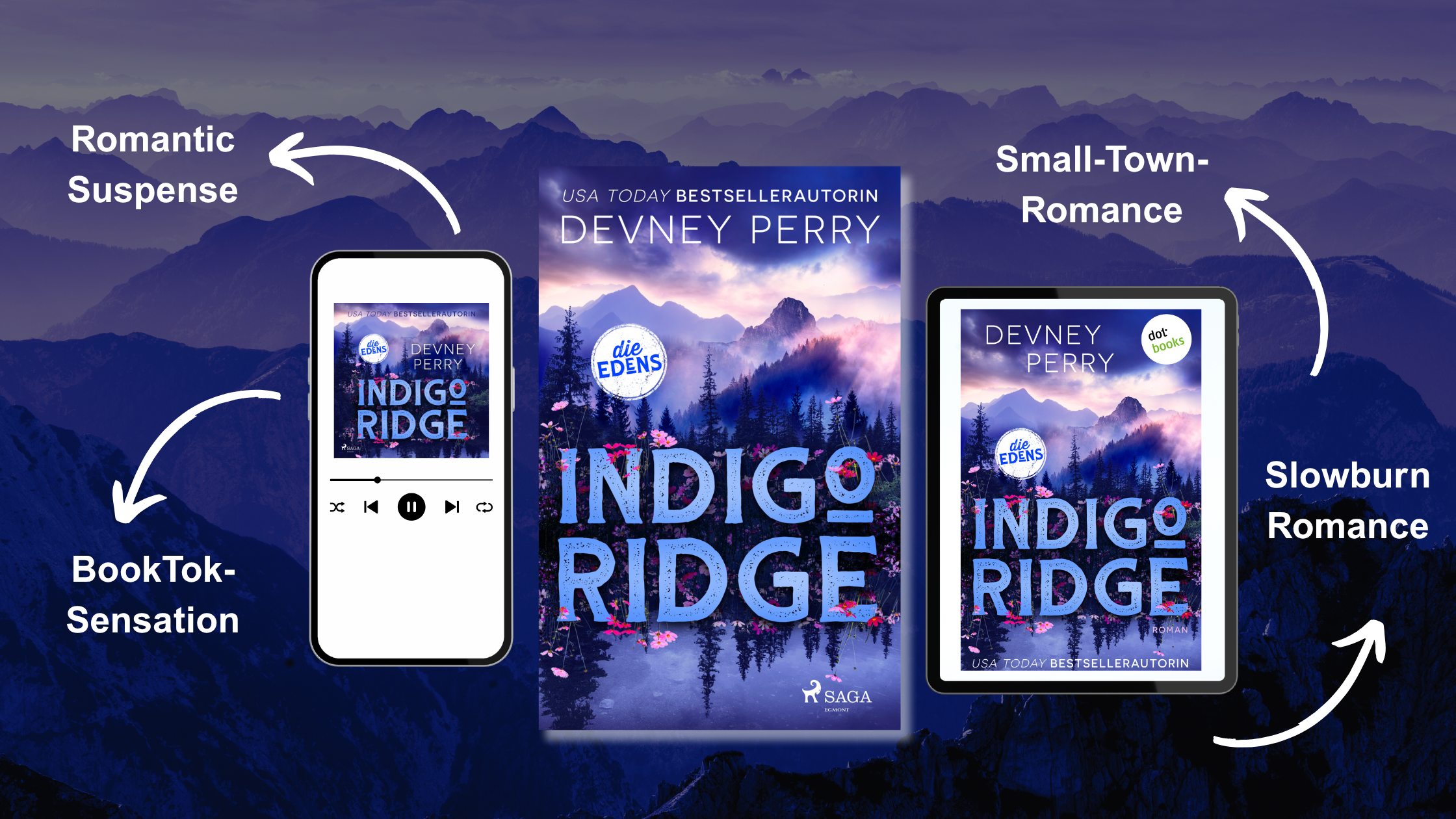 Indigo Ridge in German as audiobook, printed book, and e-book.